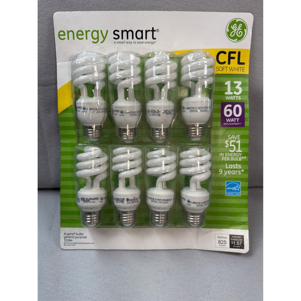 GE Energy Smart CFL Soft White 13W Light Bulbs 8 Pack 60W Replacement NEW Spiral